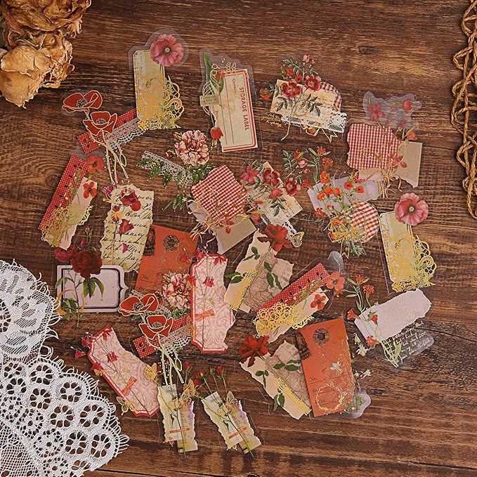 Dizdkizd Die Cut Gold Foil Floral Stickers (180 Pieces), Transparent Aesthetics Sticker Set Vintage Flower Decals for Scrapbooking Card Making Journaling Paper Crafting