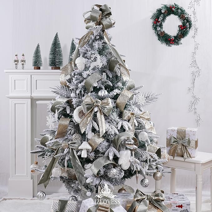 Sage Green Velvet Wired Ribbon with Glitter Back 2.5 Inch Green and Gold Christmas Ribbon Wired Ribbon for Christmas Tree, Gift Wrapping, Crafts, Wreaths Supplies, Topper Bows (10 Yards)