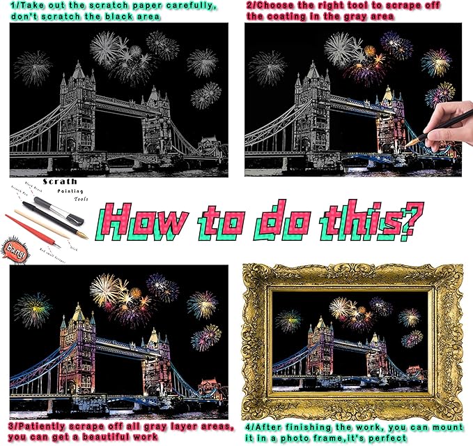 Scratch Rainbow Painting Art Paper Scratch & Sketch Art for Adults Scratch Painting Creative Gift Engraving Art&Craft Set Sketch Pad DIY Scratchboard with 4 Tools 11.7''x8.3''(City Series)