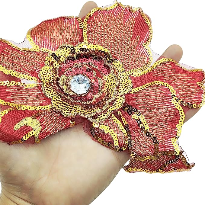 2 PC 3D Red Sequin Lace Trim Rhinestones Applique Patches for Wedding Bridal Dress Decoration DIY Sewing Clothing Decoration, 7 x 5.9 Inch