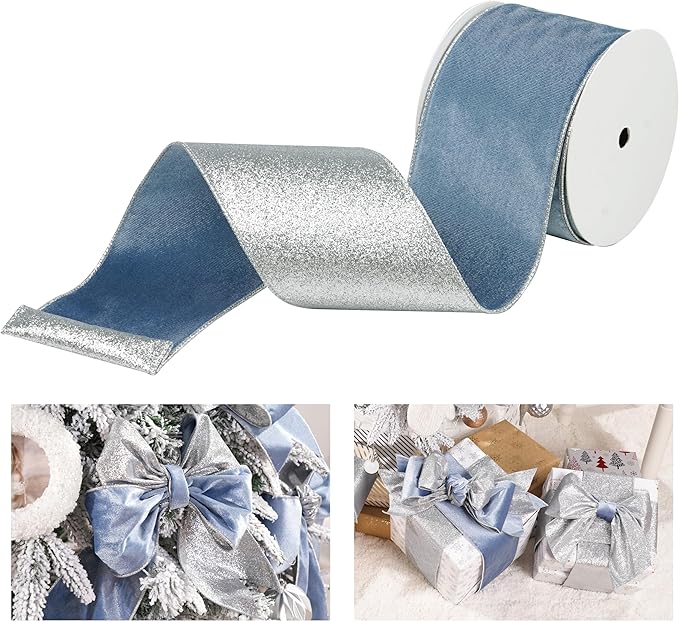 Dusty Blue Velvet Wired Ribbon with Glitter Back 4 Inch Blue and Silver Christmas Ribbon Wired Ribbon for Christmas Tree, Gift Wrapping, Mantel, Wreaths Supplies, Topper Bows (10 Yards)