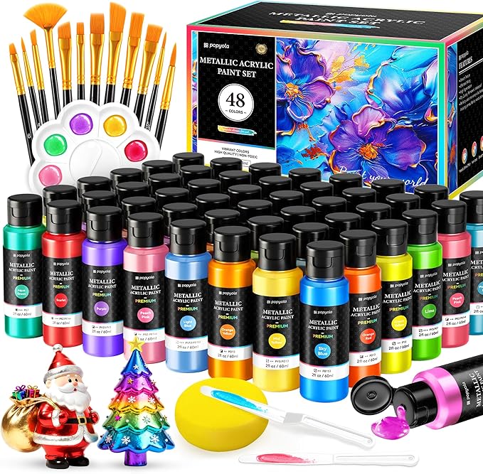 64 PCS Metallic Acrylic Paint Set with 12 Brushes, 2 Knives & Palette, 48 Colors (2oz/60ml) Art Craft Paint for Adults Kids Artists Beginners, Canvas Ceramic Rocks Wood Painting Kit Art Supplies