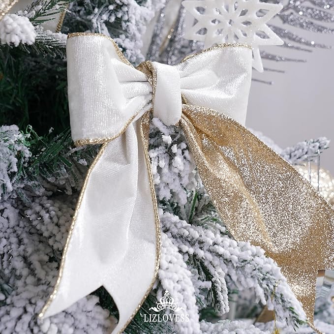 White Velvet Wired Ribbon with Glitter Back 2.5 Inch White and Gold Christmas Ribbon Wired Ribbon for Christmas Tree, Gift Wrapping, Mantel, Wreaths Supplies, Topper Bows (10 Yards)