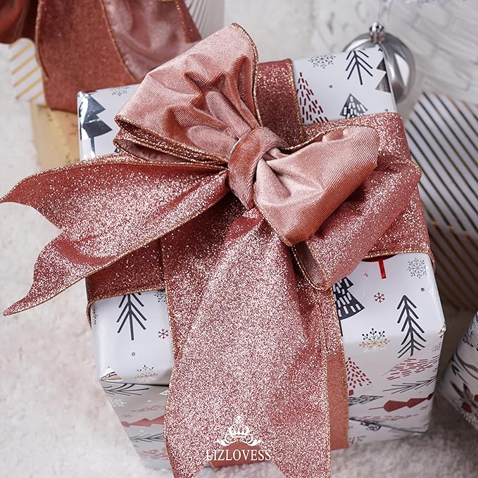 Rose Gold Velvet Wired Ribbon with Glitter Back 4 Inch Mauve Christmas Ribbon Wired Reversible Ribbon for Christmas Tree, Gift Wrapping, Crafts, Wreaths Supplies, Topper Bows (10 Yards)