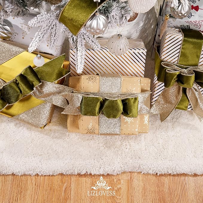 Moss Velvet Wired Ribbon with Glitter Back 2.5 Inch Green and Gold Christmas Ribbon Wired Olive Ribbon for Christmas Tree, Gift Wrapping, Crafts, Wreaths Supplies, Topper Bows (10 Yards)