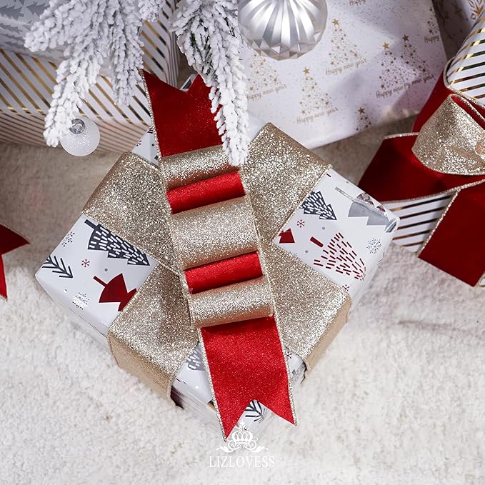 Red Velvet Wired Ribbon with Glitter Back 2.5 Inch Red and Gold Christmas Ribbon Wired Ribbon for Christmas Tree, Gift Wrapping, Mantel, Wreaths Supplies, Topper Bows (10 Yards)