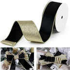 Black Velvet Wired Ribbon with Glitter Back 2.5 Inch Black and Gold Christmas Ribbon Wired Ribbon for Christmas Tree, Gift Wrapping, Mantel, Wreaths Supplies, Topper Bows (10 Yards)