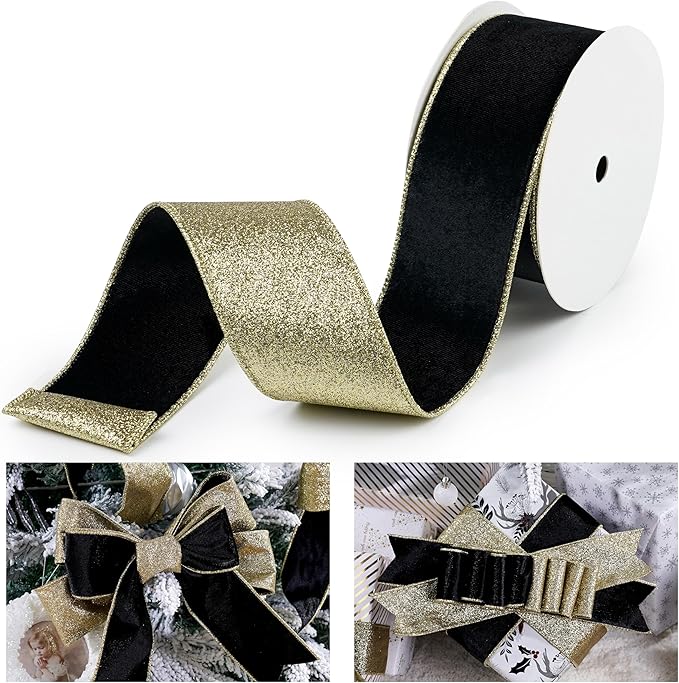 Black Velvet Wired Ribbon with Glitter Back 2.5 Inch Black and Gold Christmas Ribbon Wired Ribbon for Christmas Tree, Gift Wrapping, Mantel, Wreaths Supplies, Topper Bows (10 Yards)