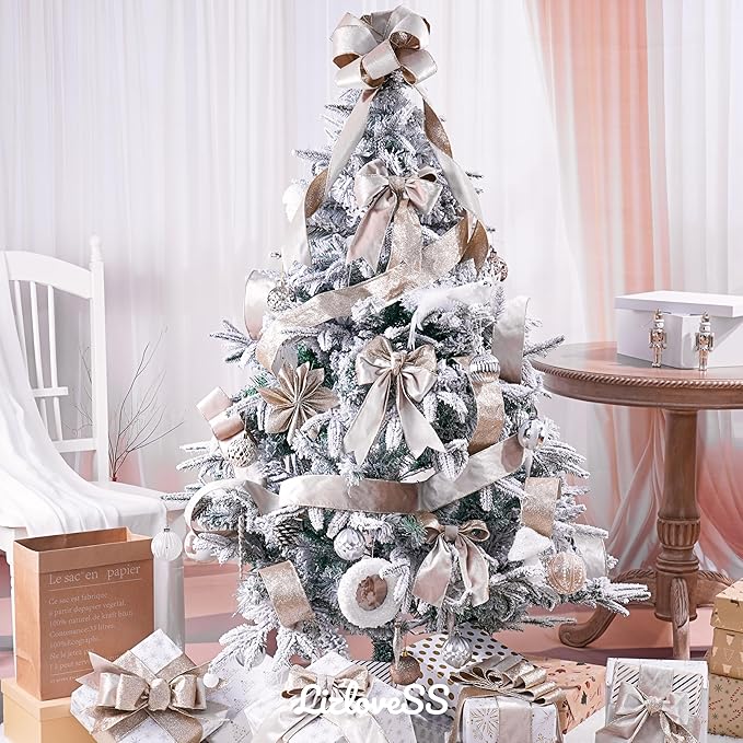 Champagne Velvet Wired Ribbon with Glitter Back 2.5 Inch Ivory and Gold Christmas Wired Ribbon for Christmas Tree Decorations, Gift Wrapping, Mantel, Wreaths Supplies, Topper Bows (10 Yards)