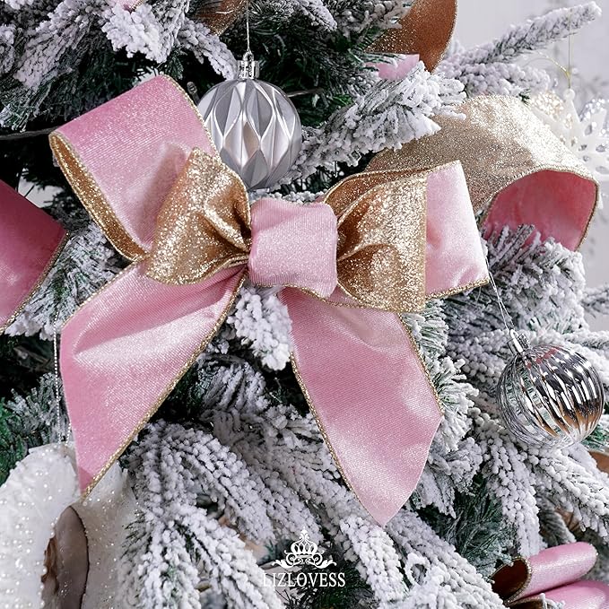 Pink Velvet Wired Ribbon with Glitter Back 2.5 Inch Pink and Gold Christmas Ribbon Wired Ribbon for Christmas Tree, Gift Wrapping, Mantel, Wreaths Supplies, Topper Bows (10 Yards)
