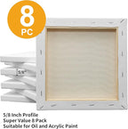 FIXSMITH Stretched White Blank Canvas- 8x8 Inch,8 Pack,Primed,100% Cotton,5/8 Inch Profile of Super Value Pack for Acrylics,Oils & Other Painting Media.