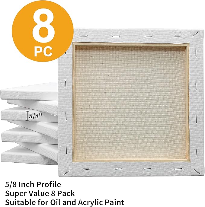 FIXSMITH Stretched White Blank Canvas- 8x8 Inch,8 Pack,Primed,100% Cotton,5/8 Inch Profile of Super Value Pack for Acrylics,Oils & Other Painting Media.