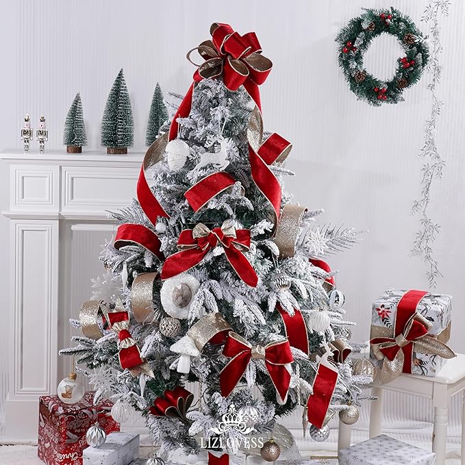 Red Velvet Wired Ribbon with Glitter Back 2.5 Inch Red and Gold Christmas Ribbon Wired Ribbon for Christmas Tree, Gift Wrapping, Mantel, Wreaths Supplies, Topper Bows (10 Yards)