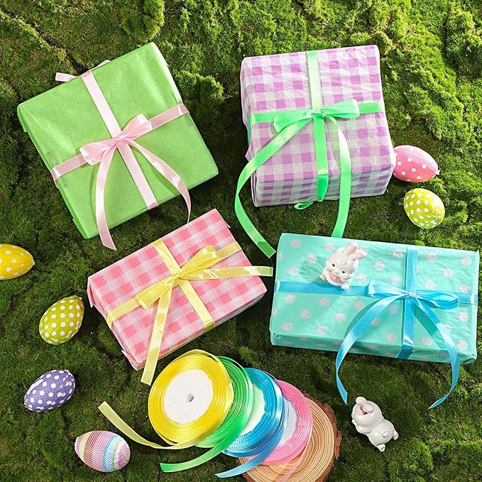 DECYOOL Easter Ribbon, 4 Rolls 100 Yards Satin Ribbons 10mm Wide Spring Colorful Craft Ribbon for Gift Wrapping Parties, Pink, Blue, Yellow, Green
