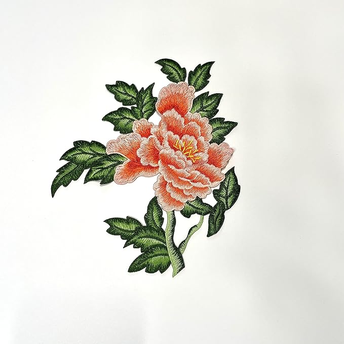 Sew on Peony Patches, Embroidered Flower Appliques for DIY Clothing, Jackets, Jeans, Backpacks, Hats, Arts Craft Sew Making (Orange Peony with Leaf L)