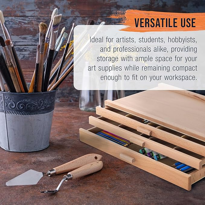 U.S. Art Supply 3-Drawer Artist Tool Supply Box with 5 Compartments per Drawer - Hardwood Art Box for Artist Supplies, Brushes, Pencils, Erasers, Tool Storage Organizer Case
