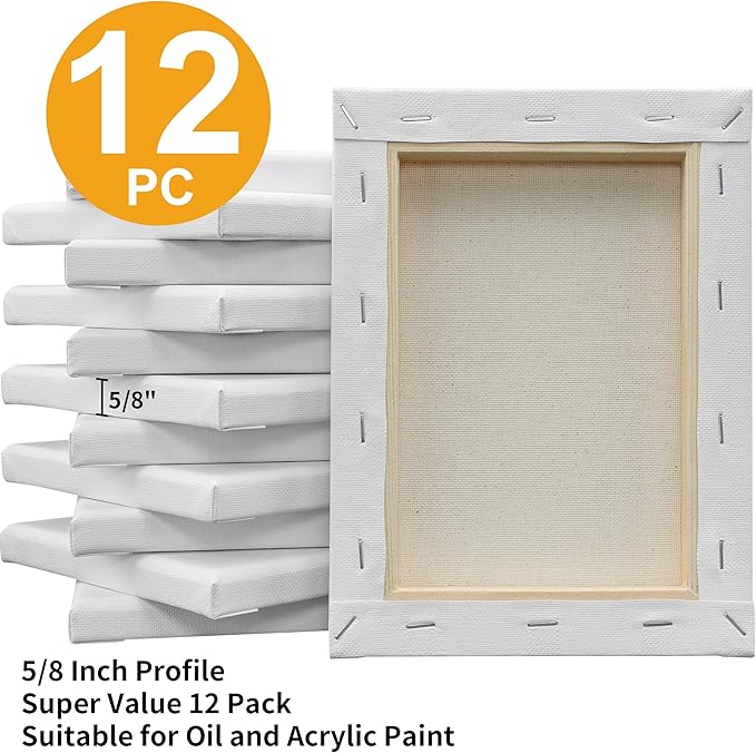 FIXSMITH Stretched Canvas- 6x8 Inch, Bulk Pack of 12, White Blank Canvases for Painting, Primed,100% Cotton,5/8 Inch Profile of Super Value Pack for Acrylics,Oils & Other Painting Media.