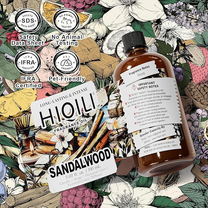 HIQILI Sandalwood Fragrance Oil for Home Diffuser, Luxury Hotel Scent, Perfect for DIY Candle & Soap Making, Add to Body Lotion - 5.07 Fl Oz