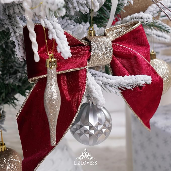 Burgundy Velvet Wired Ribbon with Glitter Back 2.5 Inch Burgundy and Gold Christmas Ribbon Wired Ribbon for Christmas Tree, Gift Wrapping, Mantel, Wreaths Supplies, Topper Bows (10 Yards)