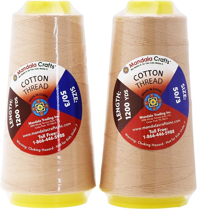 Mandala Crafts Tan Thread Cones for Machine and Hand Quilting - 2400 Yds 50 WT Multiple Purpose Mercerized 100% Cotton Threads for Sewing Machine Serger Embroidery