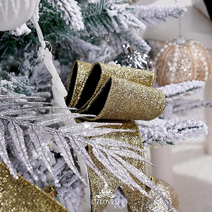 Black Velvet Wired Ribbon with Glitter Back 2.5 Inch Black and Gold Christmas Ribbon Wired Ribbon for Christmas Tree, Gift Wrapping, Mantel, Wreaths Supplies, Topper Bows (10 Yards)