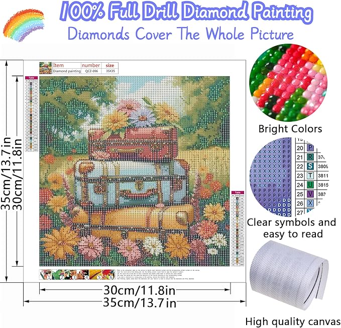Flowers Suitcases Diamond Painting Kits for Adults, 5D Diamond Art Painting by Numbers Kits, DIY Diamond Dots Art Kits, Full Round Drill Diamond Paintings for Adults for Home Wall Decor, 13.8x13.8 in