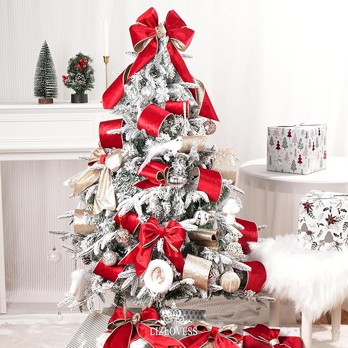 Red Velvet Wired Ribbon with Glitter Back 4 Inch Red and Gold Christmas Ribbon Wired Ribbon for Christmas Tree, Gift Wrapping, Mantel, Wreaths Supplies, Topper Bows (10 Yards)