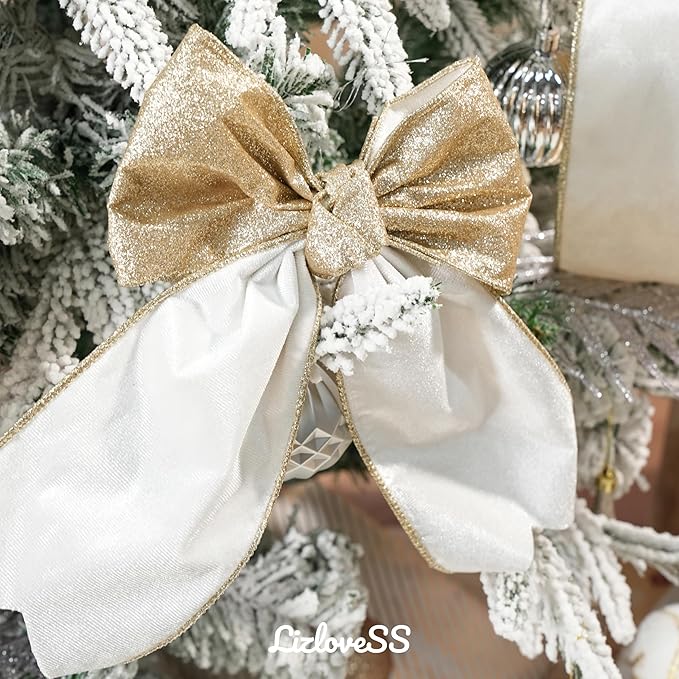 White Velvet Wired Ribbon with Glitter Back 4 Inch White and Gold Christmas Ribbon Wired Ribbon for Christmas Tree, Gift Wrapping, Mantel, Wreaths Supplies, Topper Bows (10 Yards)
