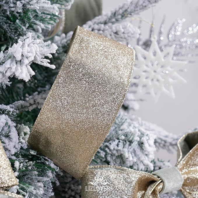 Sage Green Velvet Wired Ribbon with Glitter Back 2.5 Inch Green and Gold Christmas Ribbon Wired Ribbon for Christmas Tree, Gift Wrapping, Crafts, Wreaths Supplies, Topper Bows (10 Yards)