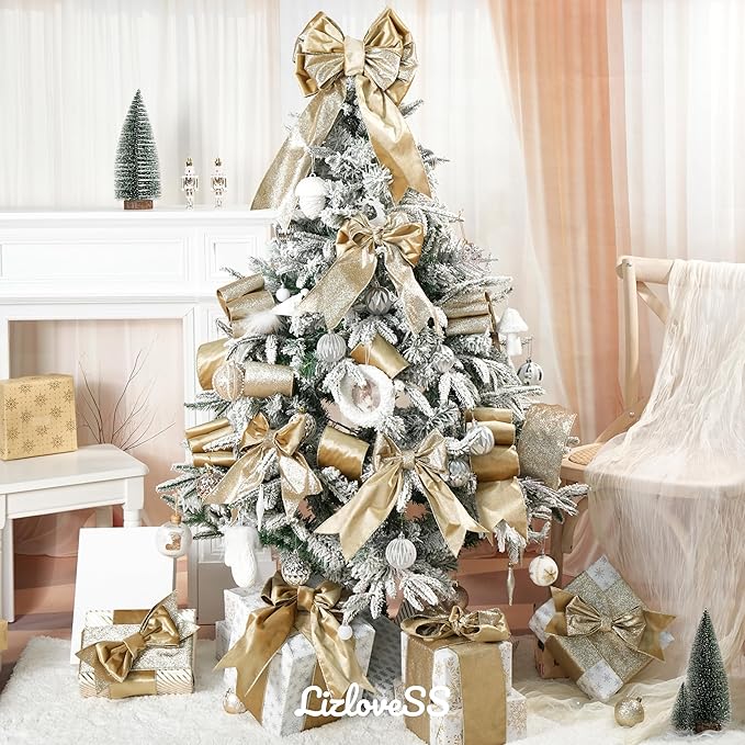 Khaki Velvet Wired Ribbon with Glitter Back 4 Inch Gold Christmas Ribbon Wired Camel Ribbon for Christmas Tree Decorations, Gift Wrapping, Crafts, Wreaths Supplies, Bows (10 Yards)