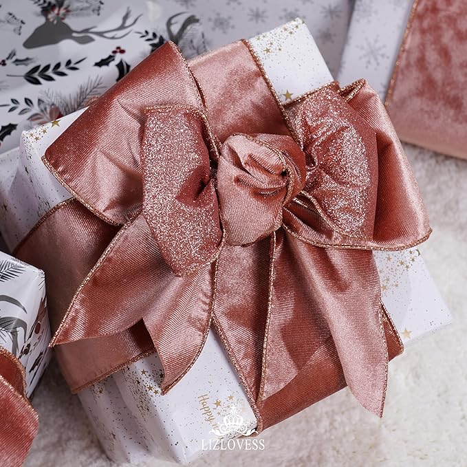 Rose Gold Velvet Wired Ribbon with Glitter Back 4 Inch Mauve Christmas Ribbon Wired Reversible Ribbon for Christmas Tree, Gift Wrapping, Crafts, Wreaths Supplies, Topper Bows (10 Yards)