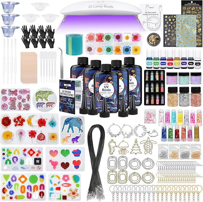 KISREL UV Resin Jewelry Making Kit - 500g Crystal Clear UV Resin and Jewelry Molds, Large UV Light with 22 Beads, Fast Curing for Keychains, Earring Making, DIY Craft Decorations