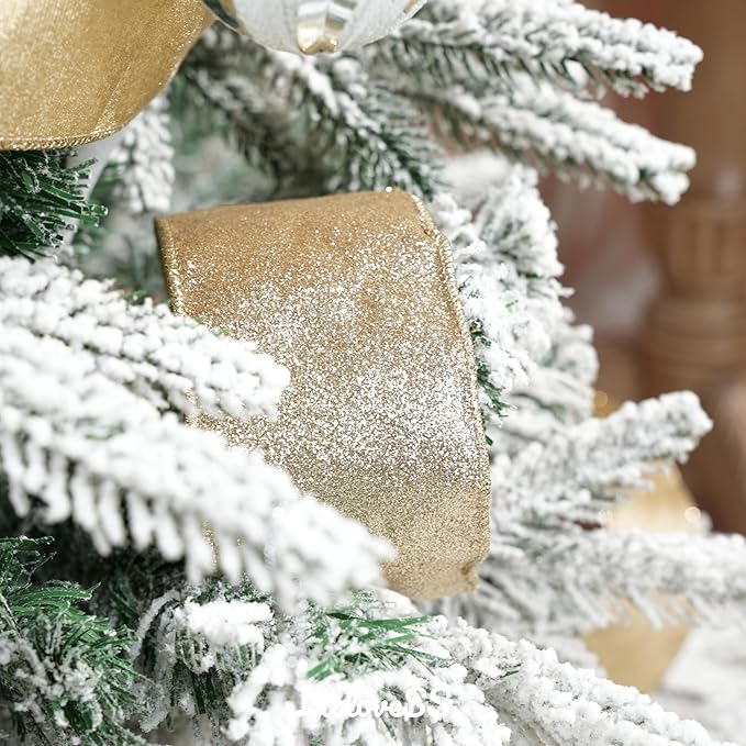 Khaki Velvet Wired Ribbon with Glitter Back 2.5 Inch Gold Christmas Ribbon Wired Reversible Ribbon for Christmas Tree Decorations, Gift Wrapping, Crafts, Wreaths Supplies, Bows (10 Yards)