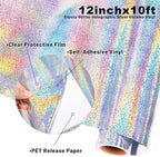 GIRAFVYINL Holographic Vinyl Silver Glitter Vinyl - 12” x 10FT Holographic Permanent Vinyl Glitter Adhesive Vinyl for Craft, Easy to Weed Vinyl Work with Vinyl Cutter