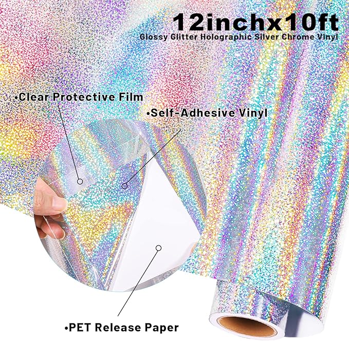 GIRAFVYINL Holographic Vinyl Silver Glitter Vinyl - 12” x 10FT Holographic Permanent Vinyl Glitter Adhesive Vinyl for Craft, Easy to Weed Vinyl Work with Vinyl Cutter