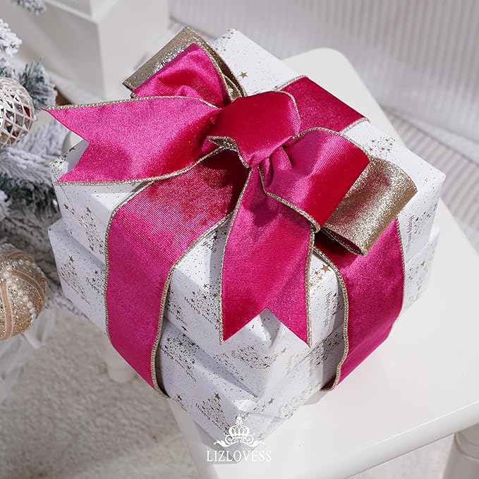 Hot Pink Velvet Wired Ribbon with Glitter Back 2.5 Inch Pink and Gold Christmas Ribbon Wired Fuschia Ribbon for Valentine's Day, Gift Wrapping, Wreaths Supplies (10 Yards)