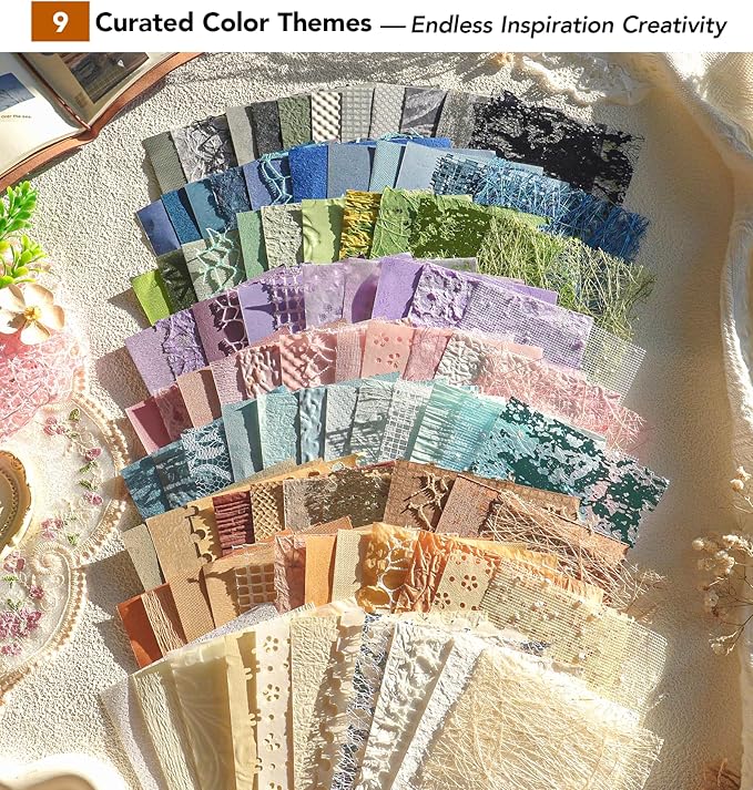 108 Sheets Unique Textured Scrapbook Paper and Mesh Fabric Set - 9 Pack No Repeat Special Paper Assorted Mixed for Scrapbooking Planner Junk Journal Supplies Media Collage Card 3.9x5.5 Inch