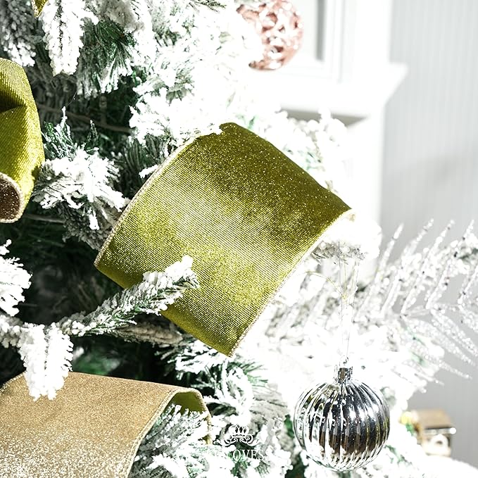 Moss Velvet Wired Ribbon with Glitter Back 4 Inch Green and Gold Christmas Ribbon Wired Olive Ribbon for Christmas Tree, Gift Wrapping, Crafts, Wreaths Supplies, Topper Bows (10 Yards)