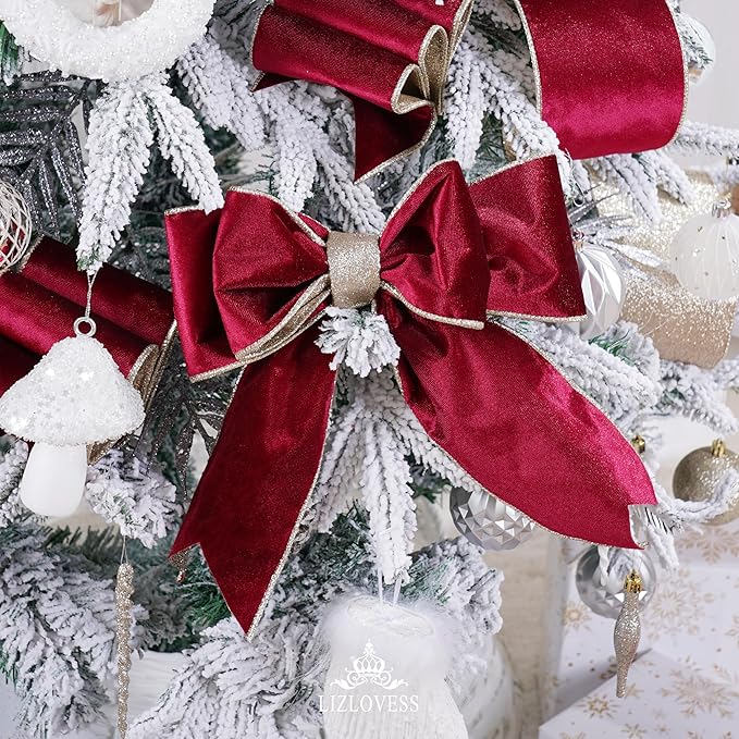 Burgundy Velvet Wired Ribbon with Glitter Back 4 Inch Burgundy and Gold Christmas Ribbon Wired Ribbon for Christmas Tree, Gift Wrapping, Mantel, Wreaths Supplies, Topper Bows (10 Yards)