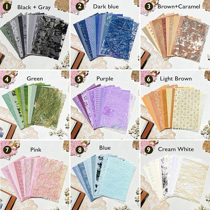 108 Sheets Unique Textured Scrapbook Paper and Mesh Fabric Set - 9 Pack No Repeat Special Paper Assorted Mixed for Scrapbooking Planner Junk Journal Supplies Media Collage Card 3.9x5.5 Inch