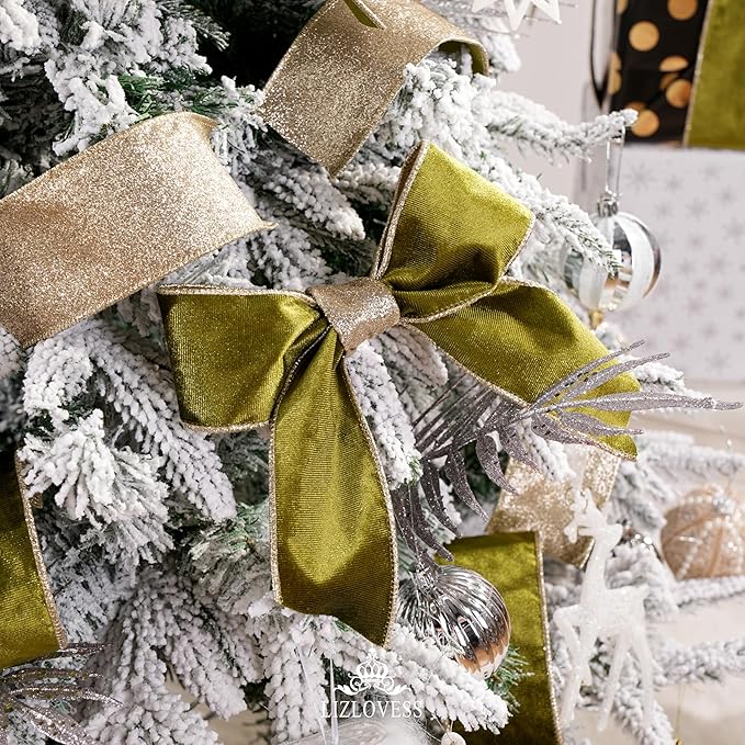 Moss Velvet Wired Ribbon with Glitter Back 2.5 Inch Green and Gold Christmas Ribbon Wired Olive Ribbon for Christmas Tree, Gift Wrapping, Crafts, Wreaths Supplies, Topper Bows (10 Yards)