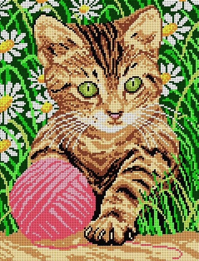 Wizardi Needlepoint Canvas for halfstitch Without Yarn Little Cat in a Grass 1242J Orchidea