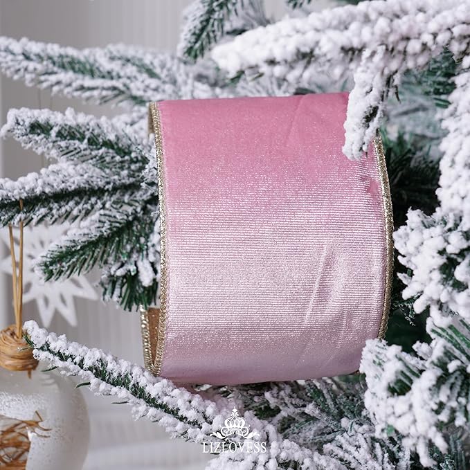 Pink Velvet Wired Ribbon With Glitter Back 4 Inch Gold Christmas Ribbon for Tree, Gift Wrapping, Mantel, Wreaths Supplies, Topper Bows (10 Yards)