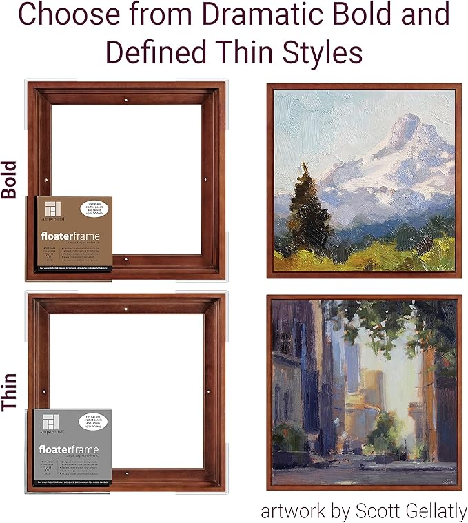 Ampersand Art Supply Floaterframe Readymade Frame for Flat and 7/8" Deep Wood Panel and Canvas Artwork, Paintings, Prints, and More, 9"x12", Walnut Thin