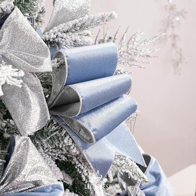 Dusty Blue Velvet Wired Ribbon with Glitter Back 4 Inch Blue and Silver Christmas Ribbon Wired Ribbon for Christmas Tree, Gift Wrapping, Mantel, Wreaths Supplies, Topper Bows (10 Yards)