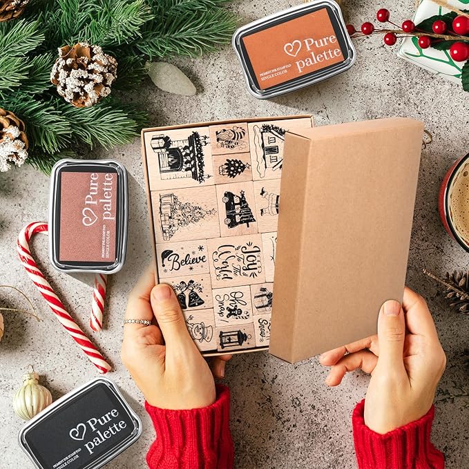 17 Pcs Christmas Wooden Rubber Stamps with Craft Ink Pads Mixed Santa Claus Christmas Tree Snowman Gingerbread Man Rubber Stamps for Card Making Decoration Party Gift Scrap Booking Supplies