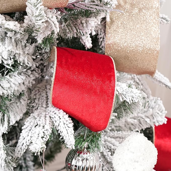 Red Velvet Wired Ribbon with Glitter Back 4 Inch Red and Gold Christmas Ribbon Wired Ribbon for Christmas Tree, Gift Wrapping, Mantel, Wreaths Supplies, Topper Bows (10 Yards)