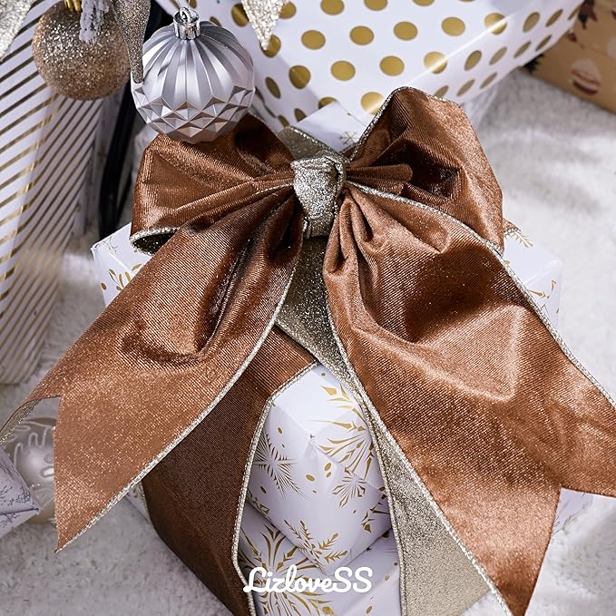 Brown Velvet Wired Ribbon with Glitter Back 4 Inch Camel Christmas Ribbon Wired Reversible Ribbon for Christmas Tree, Gift Wrapping, Crafts, Wreaths Supplies, Topper Bows (10 Yards)