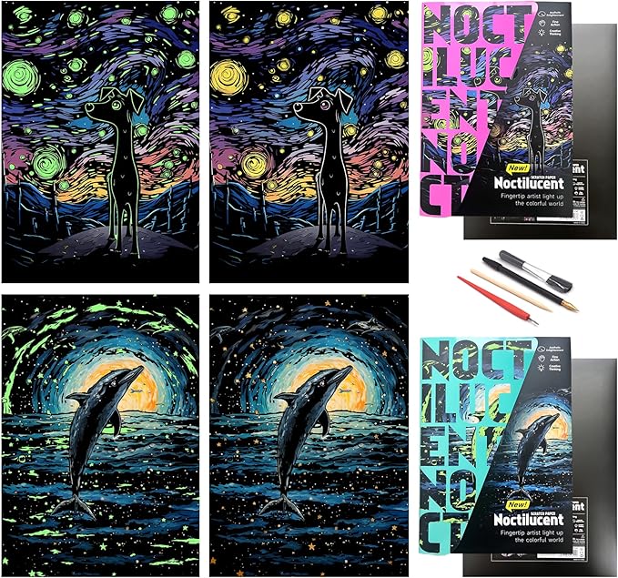 Scratch Painting Art Paper Scratch Art for Adults,Creative DIY Art Craft Gift Scratch Rainbow Painting Luminous Paper Set with 4 Tools 16''x11''(Dolphin&Dog)