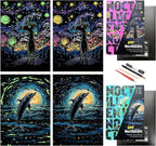 Scratch Painting Art Paper Scratch Art for Adults,Creative DIY Art Craft Gift Scratch Rainbow Painting Luminous Paper Set with 4 Tools 16''x11''(Dolphin&Dog)